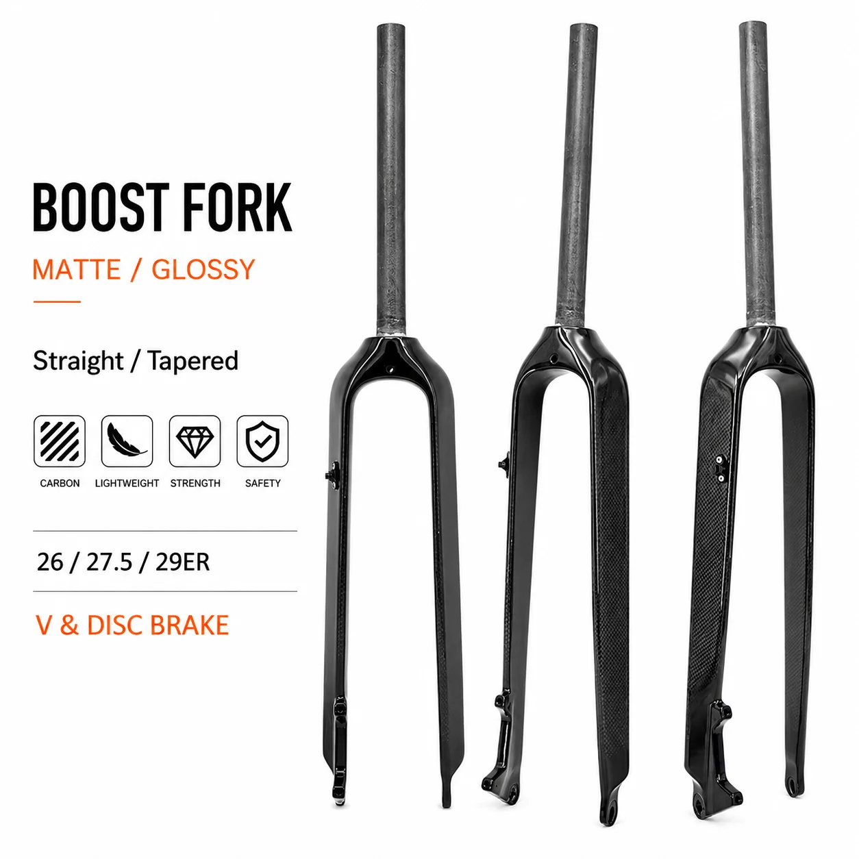 3K Carbon Fiber Mountain Bike Fork MTB Hard Disc Brake Straight Tube 28.6mm Bicycle Forks Compatible with 26 27.5 29 Inch Bikes
