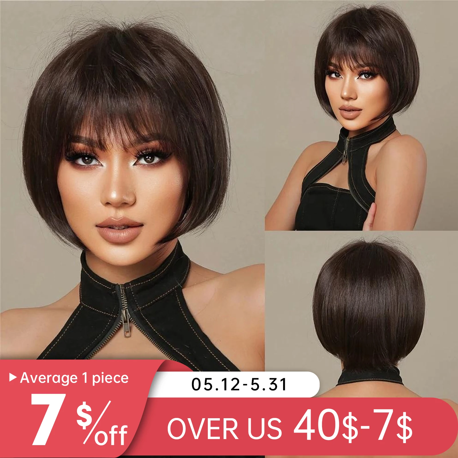 Short Bob Human Hair Blend Synthetic Wigs Dark Brown Straight Human Hair Blend Wigs with Bangs 70% Human Hair Heat Resistant Use