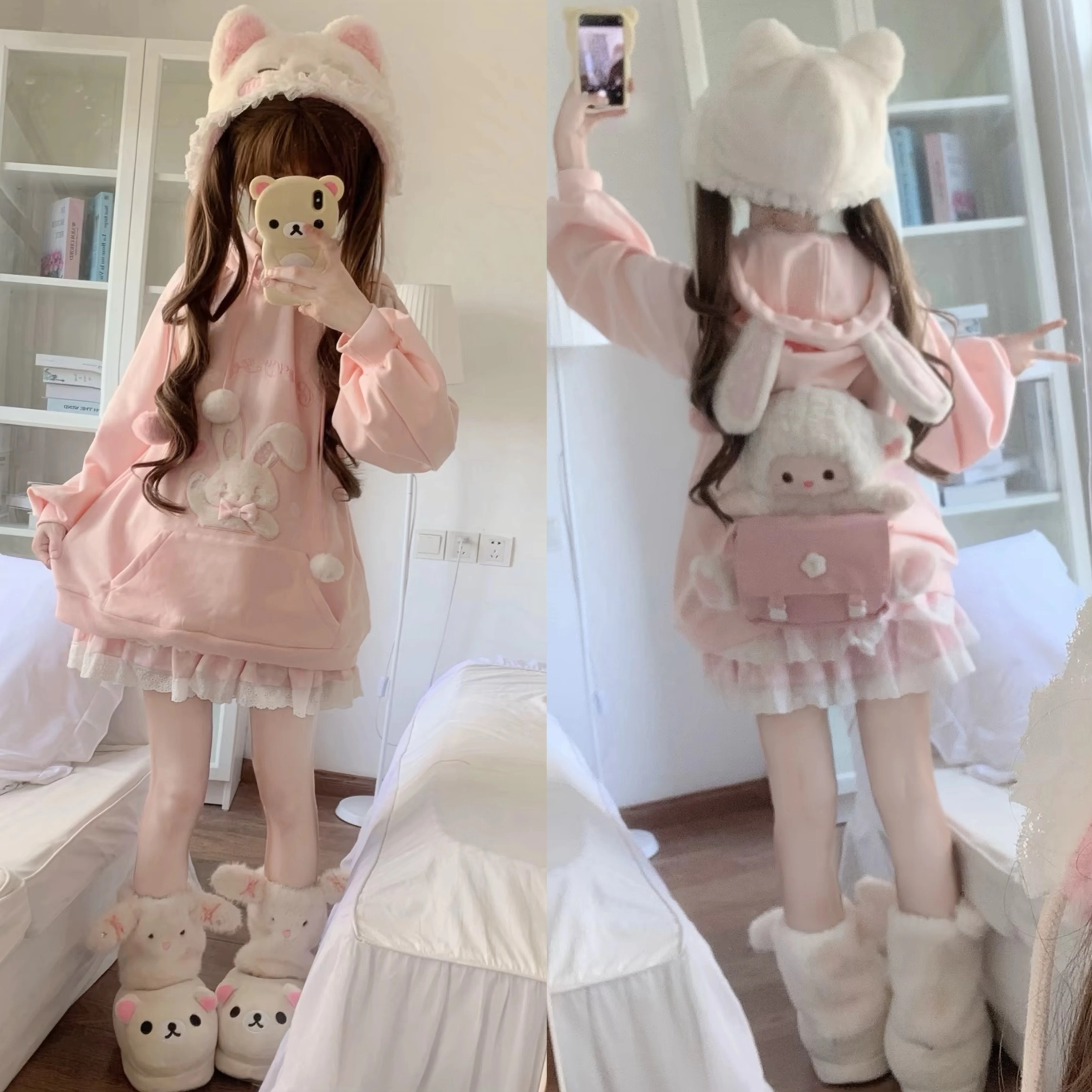 الأصلي الفتيات اليابانية الحلو الوردي هوديس الخريف الشتاء المرأة الجديدة فضفاضة ضئيلة الدافئة الصوف أرنب الأذن مقنعين البلوز البلوز