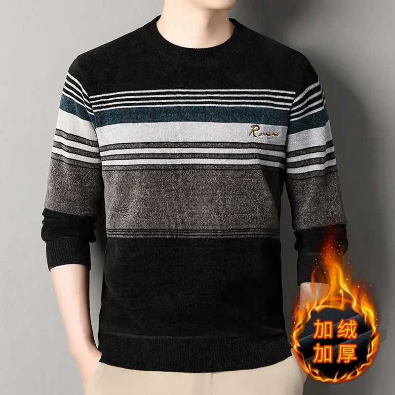 

Men O-neck Pullovers Knited Sweaters Quality Male Business Casual Striped Sweaters New Winter Man Fleece Warm Winter Clothing 4X