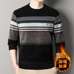 Men O-neck Pullovers Knited Sweaters Quality Male Business Casual Striped Sweaters New Winter Man Fleece Warm Winter Clothing 4X