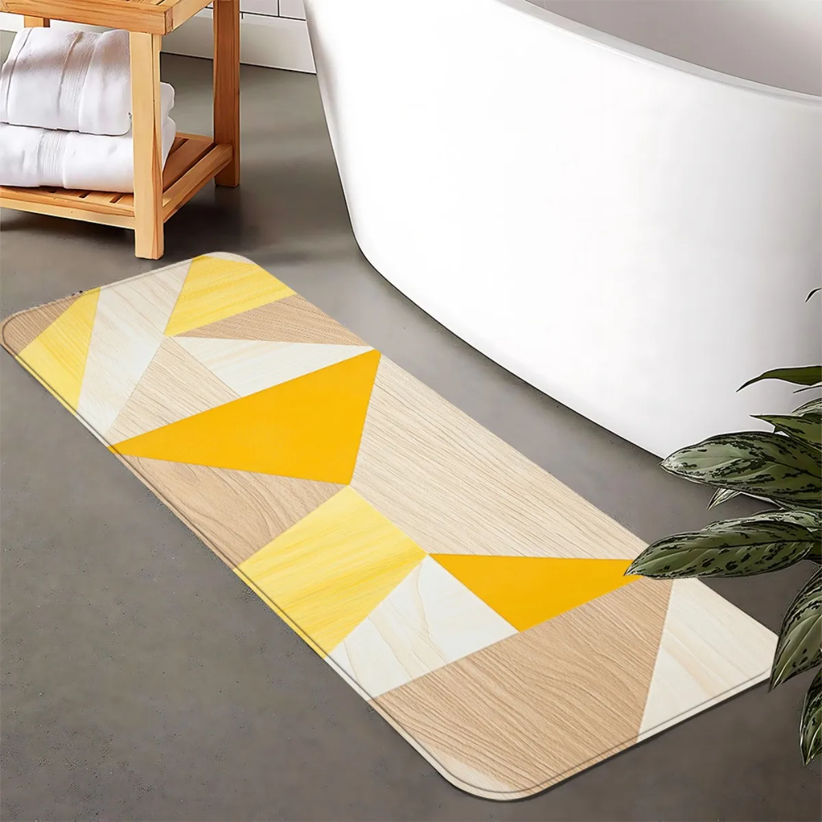 Light Wood Texture Bright Yellow Triangle Spliced Runner Rug, Non-Slip Rug for Kitchen, Entryway, Bathroom & Living Room Decor