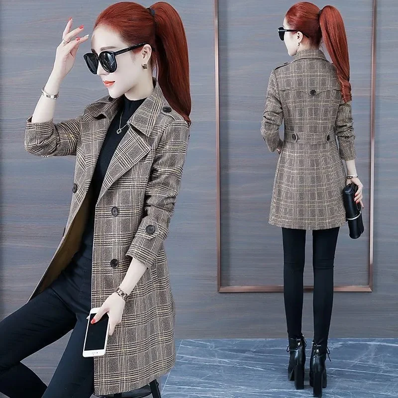 

Spring Autumn Women's Trench Coat New Fashion Plaid Double Breasted Medium Length Windbreaker Female Outerwear Gabardina Mujer