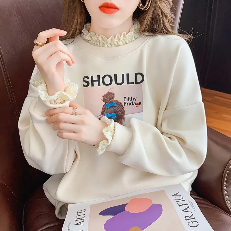 Sudaderas con capucha para mujer, estilo coreano 2025, Otoño Invierno, encaje de retales, Sudadera con capucha de lana, jerséis para mujer, Tops, sudadera informal para estudiantes