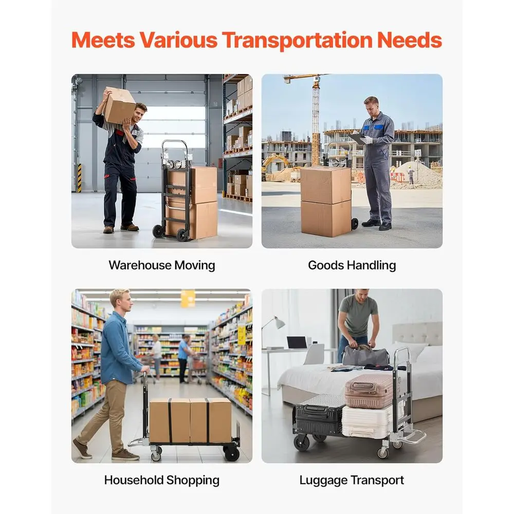รถเข็นพับได้ 4 ล้อ แบบแปลงสภาพได้ รับน้ำหนักได้ 500 ปอนด์ รถเข็นแบบพกพาสำหรับใช้ในบ้าน สำนักงาน และคลังสินค้า