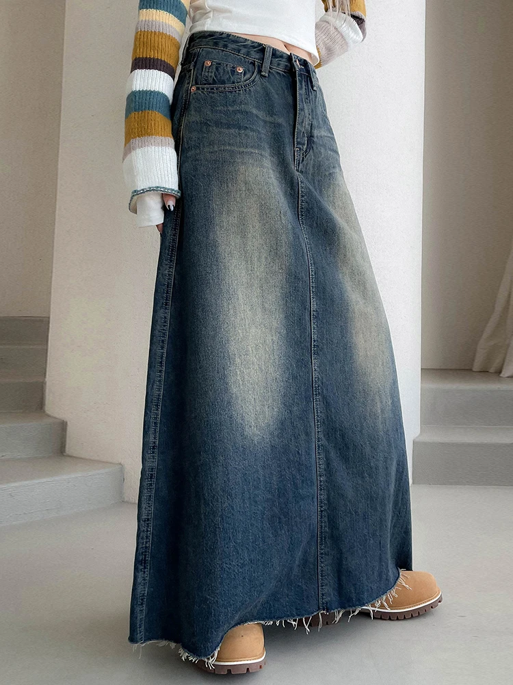 Rockmore Vintage Jean Skirt Fashion Women'S Denim Long Skirts Women Y2K Aesthetic Fairycore Midi Skirt Harajuku Casual Korean