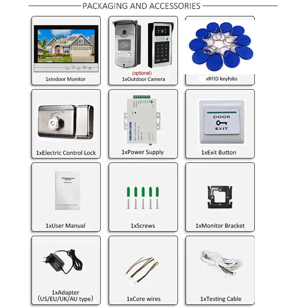 New 9 inch Monitor Video Door Phone Intercom Entry System + 1 RFID Outdoor Camera + Electric Lock Password ID Card Unlock