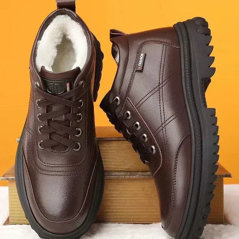 Winter Casual Leather Men's Cotton Shoes Solid Colour Padded Thickened Warm Cotton Shoes Fur Fashion Waterproof Shoes