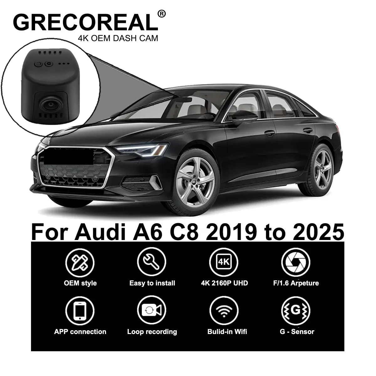

GRECOREAL 4K Dash Cam Front and Rear 2160P WiFi Car Dual Dashcam APP Control Easy Install Plug Play Compatible with Audi A6 C8