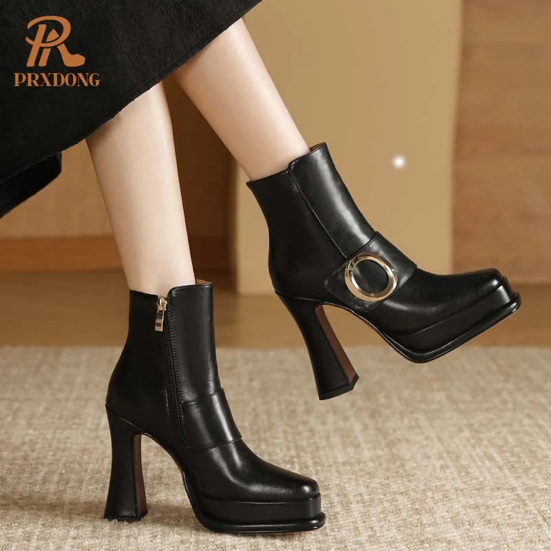 PRXDONG Genuine Leather Women Ankle Boots New Fashion Autumn Winter Warm Shoes High Heels Platform Black Brown Dress Party Lady