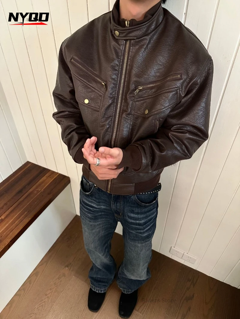 Men Women Vintage Distressed PU Leather Jacket, Autumn Winter Warm Loose Fit Biker Coat, Unisex Quilted Cotton Outwear