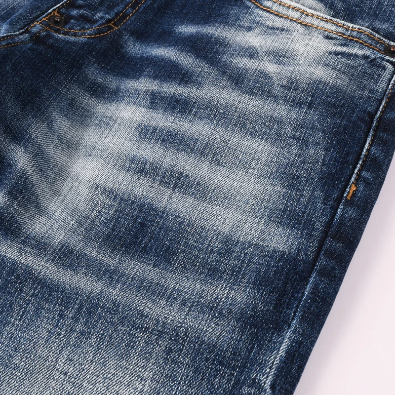 

Fashionable new men's elastic jeans, elastic tight fitting, painted retro blue jeans, men's patch designer, hip-hop brand pants,