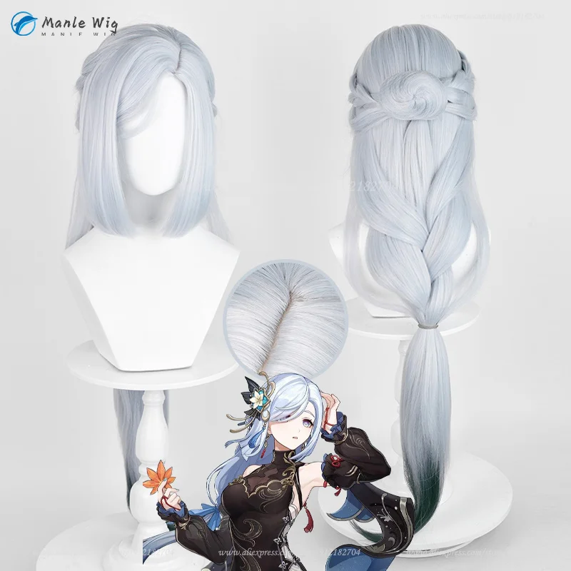 

Anime Lantern Rite Shenhe Cosplay Wig 100cm Long Silver Blue Gradient Frostflower Dew Shenhe Wigs Heat Resistant Synthetic Wigs