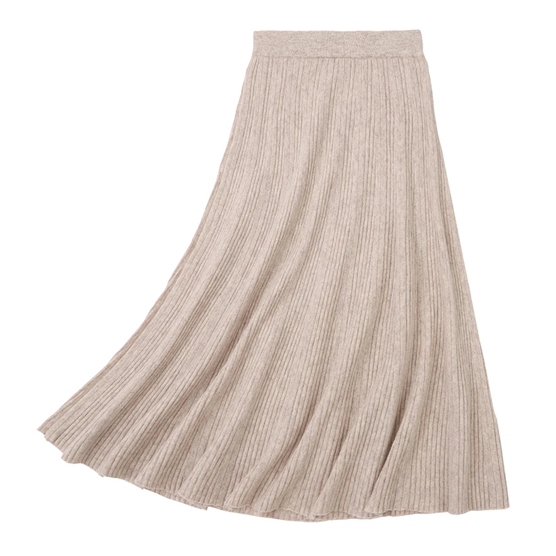 가을 겨울 여성용 100% 메리노 울 숏 스커트 미드-칼프 클래식 하이웨이스트 풀 스커트 솔리드 니트 소프트 패션 드레스