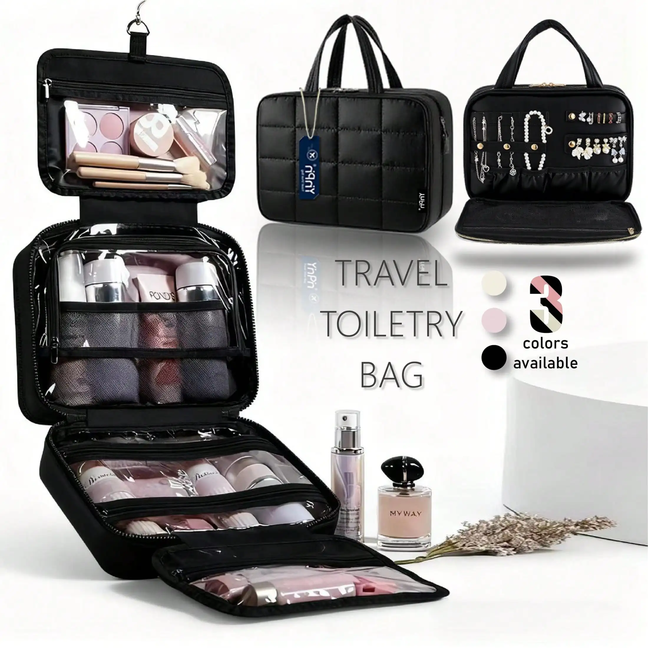 

Travel Toiletry Bag With Jewelry Organizer, Hanging Travel Bag For Toiletries, Puffy Makeup Cosmetic Bag Organizer, Carry-On Travel Accessories Essentials
