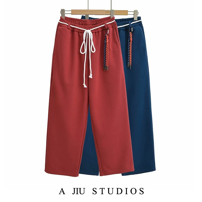 الأمريكية الرجعية السراويل الرياضية المرأة فضفاضة الخصر عارضة فضفاض حزام تصميم الجاز الهيب هوب مستقيم الساق السراويل الطويلة الشارع Sle