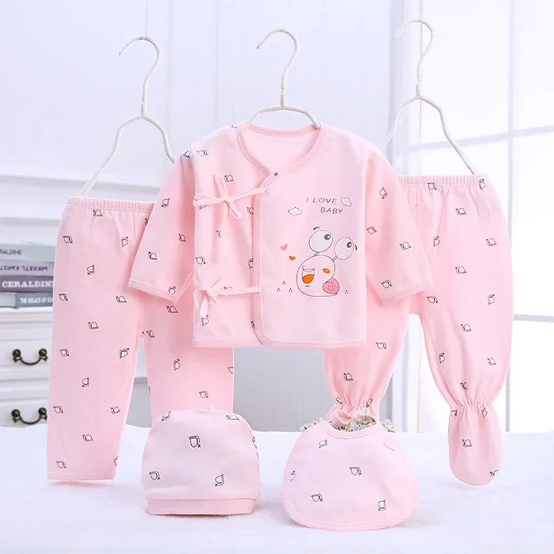 5Piece Sets Spring Baby Girl Boy Clothes Casual Cartoon Cute Print Long Sleeve Cotton Tops + Pants+ Hat Newborn Going Home Set