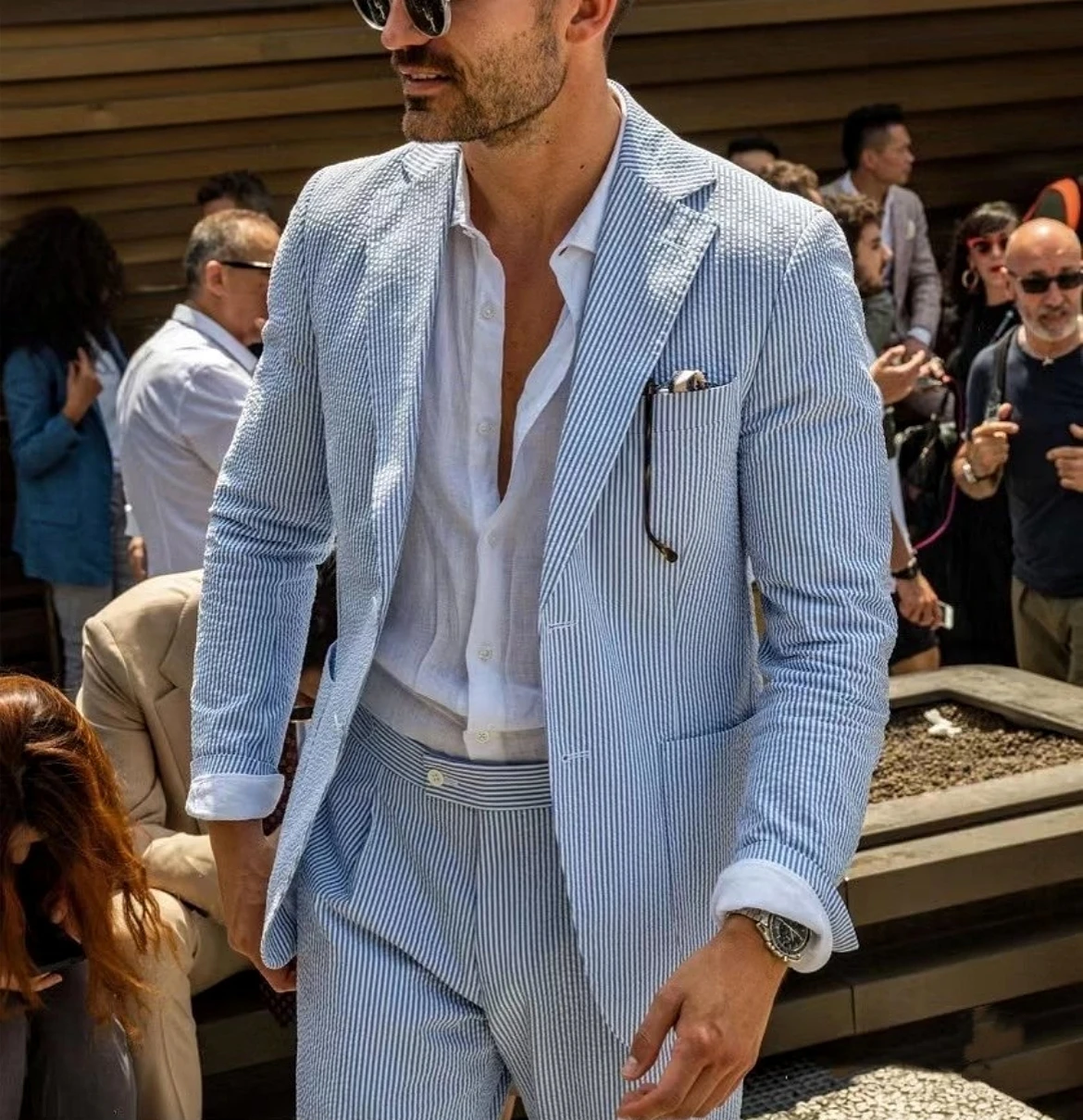 

Men's Suits Spring Summer Light Blue Vertical Stripes Boys' Suit 2 piece (Jacket+Pants) Formal Business Suits Blazers Tuxedos