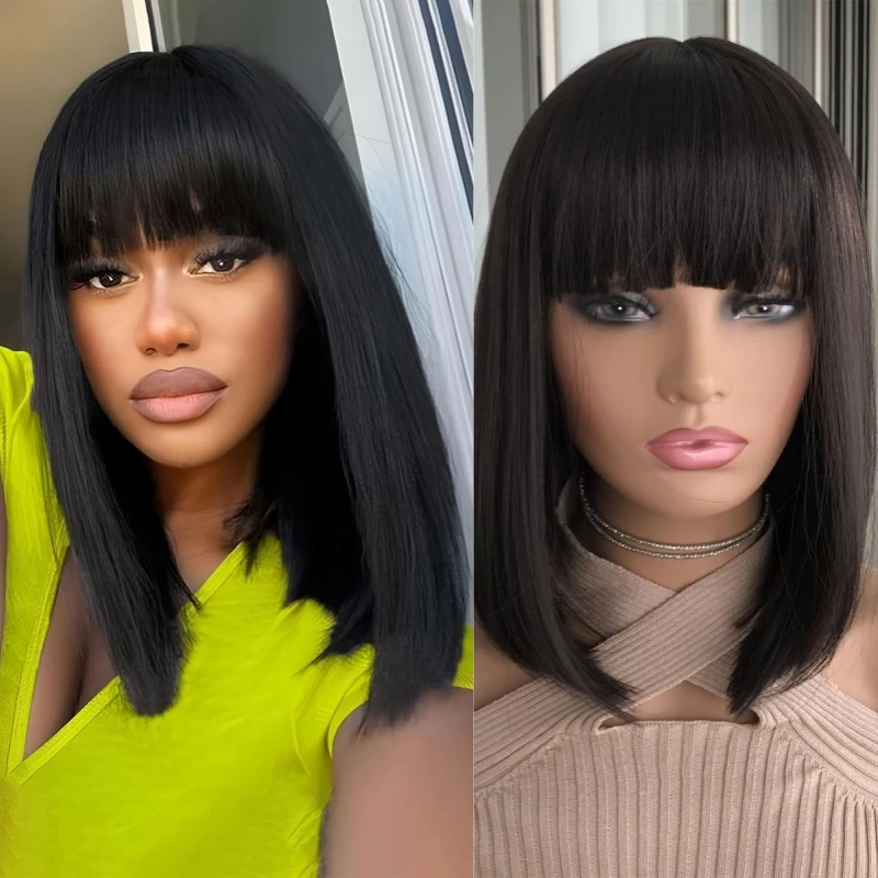 

Alimice Straight Bangs Wigs Brazilian Hair Wig With Bangs Machine Made Human Hair Wig Bob for Women