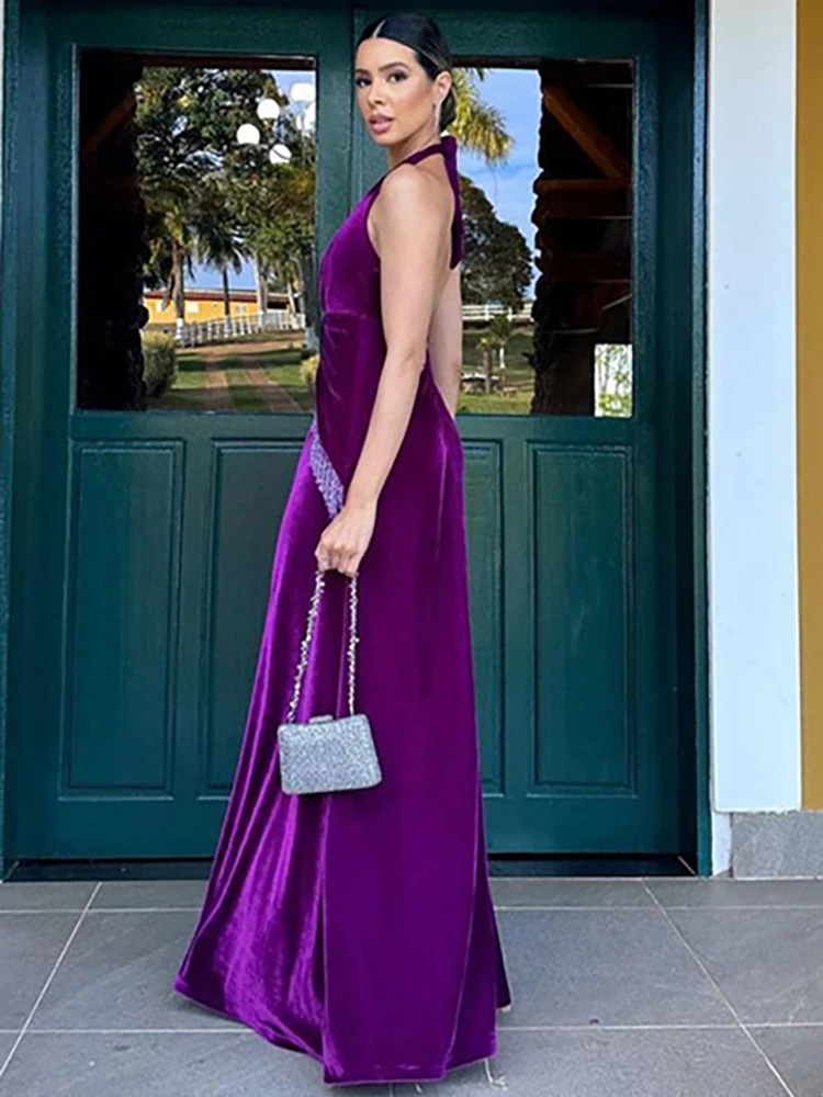 JULISSA MO Sexy Deep V-neck High Slit Tassel Women Maxi Dress Purple Backless Evening Dress Female Autumn Slim Elegant Partywear