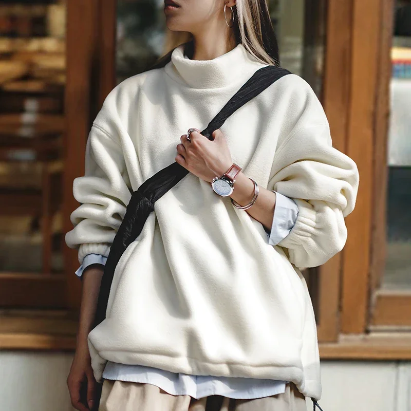 Maden Standing Collar Fleece Sweatshirt for Women Oversize Loose Warm Pullover Autumn and Winter Thick Sweater Basic Sweatshirt