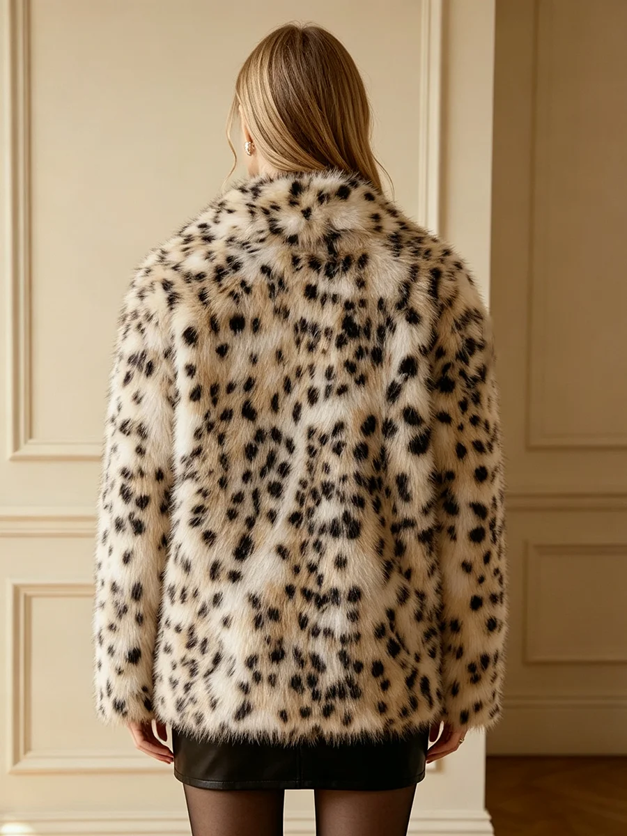 Women Leopard Print Faux Fur Short Coat  Warm Winter Fashion Ladies Fluffy Outerwear Jacket