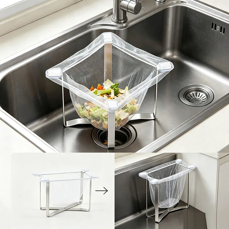 1/2pcs Foldable Stainless Steel Garbage Bag Holder Multifunctional Kitchen Sink Food Waste Filter Organizer Holder Metal Rack