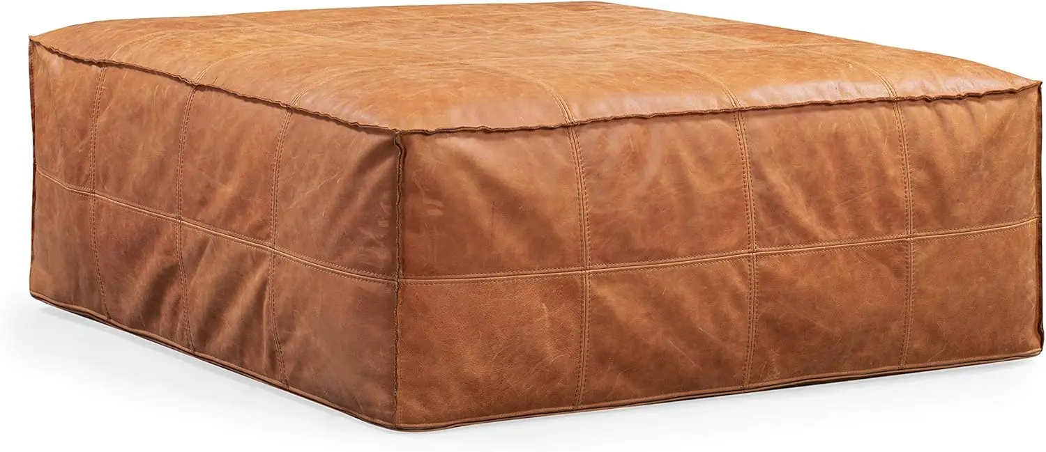 Taos Square Ottoman in Full-Grain Pure-Aniline Italian Tanned Leather in Cognac tan