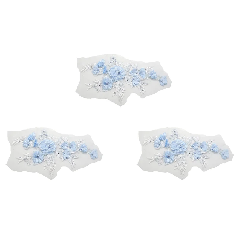 

ABRT-3X Beaded Hot Drilling Lace Bridal Beaded Flowers Embroidery Patches For Clothing Wedding DIY Decor Sky Blue