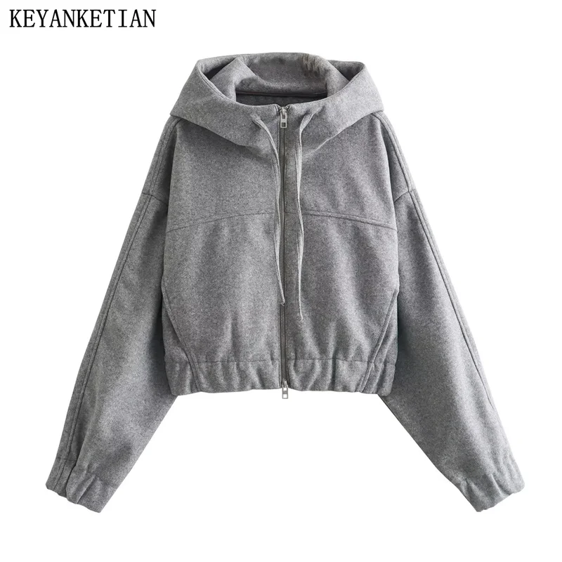 KEYANKETIAN Winter New Seam Detail Zip-up Women's Woolen Hoodie High Street Light grey Loose Padded Crop Top Pockets  Outerwear