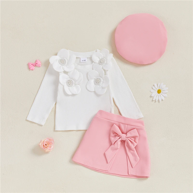 Kids Girls Autumn Clothes Sets Children Long Sleeve 3D Flower Decor Ribbed Tops A-line Skirt Beret Baby Fashion Outfits