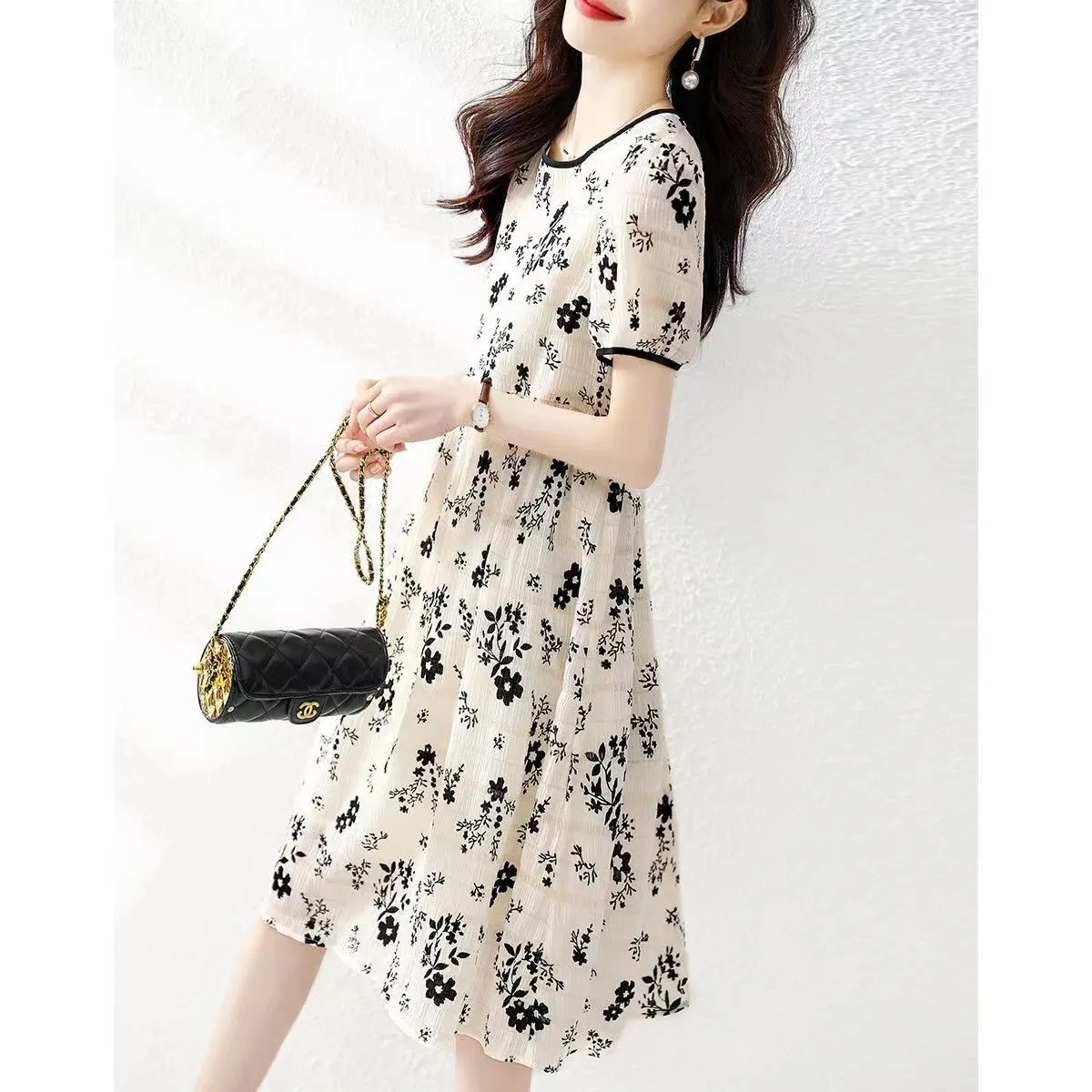 2025 Nuova stampa floreale in chiffon Dr Faion da donna Summer Mom Small Stature Elegance ort Sve Midi Dr