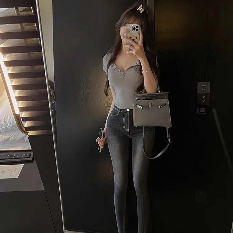 Afslanken Hoge Taille Fce Gevoerde Basis Sle Strakke Elastische Cargo Broek Koreaanse Sle Denim Skinnies Negen Stuk Potlood Broek