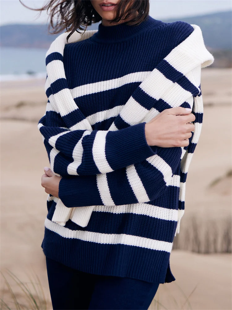 Navy Blue Striped Knit Sweater Female Jumpers Long Sleeve Knitting Pullovers Women Tops New In Knitwears Autumn Winter Sweaters