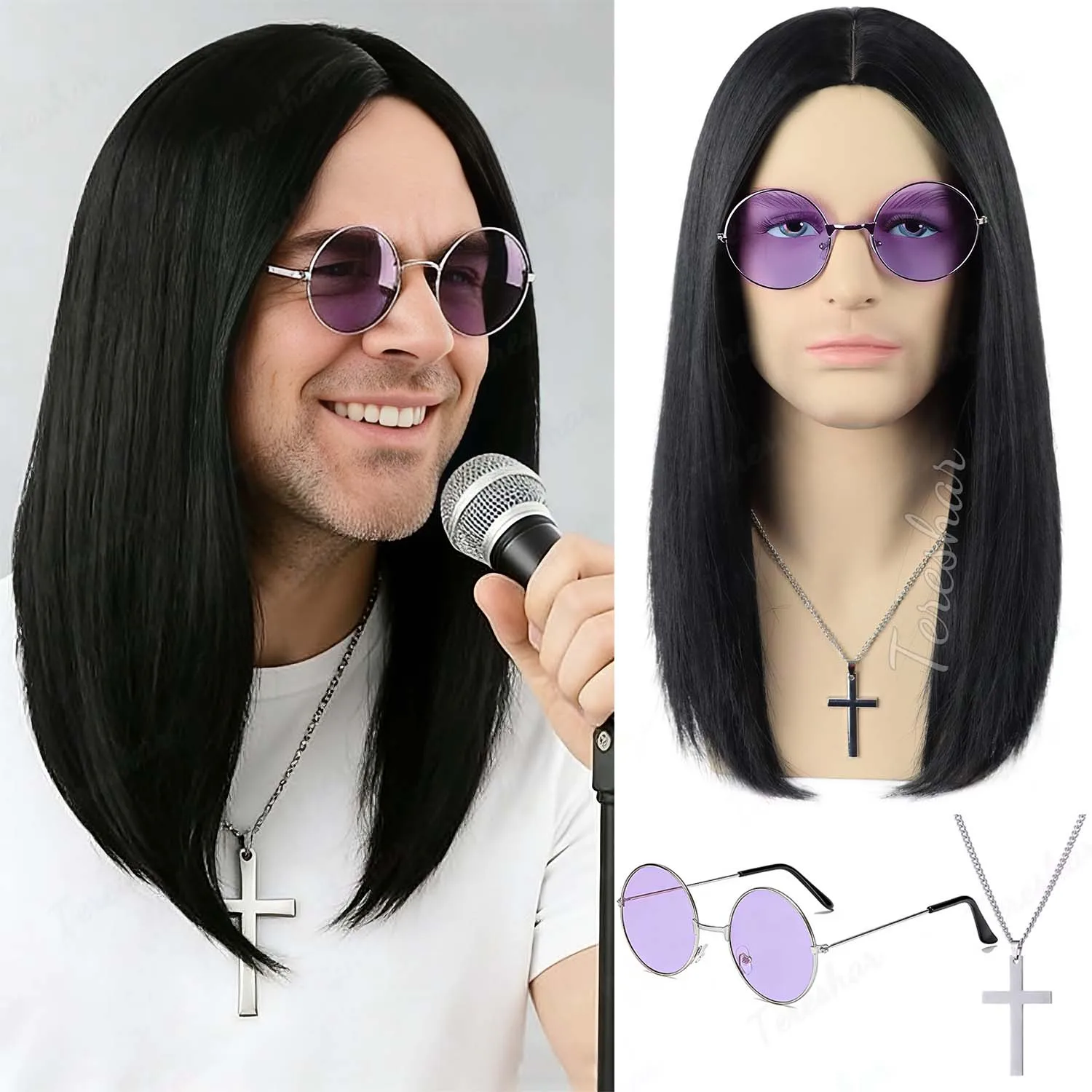 Synthetic 70s 80s Long Black Straight Men's Wig + Purple Glasses and Cross Necklace Heavy Metal Rocker Wig for Halloween Cosplay