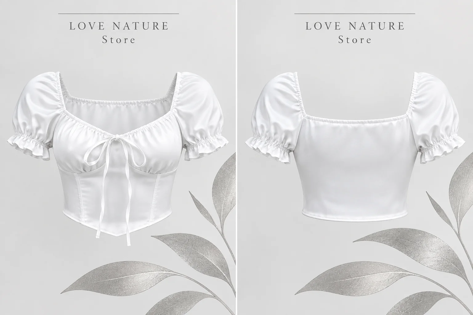 【LOVE NATURE Store】Women’s White Satin Puff Sleeve Corset Crop Top, Ruched Tie Front Blouse