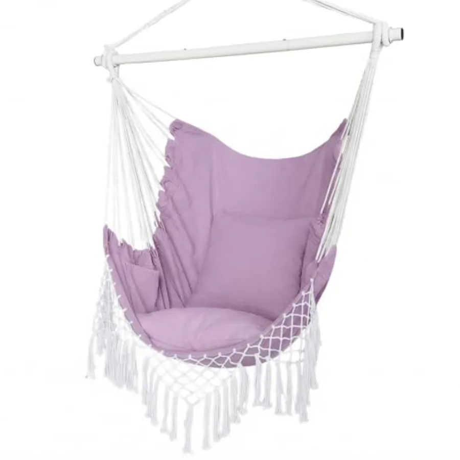 

Hammock Chair Hanging Rope Swing Seat with 2 Cushions Macrame Hanging Chair Side Pocket with High Load-Bearing Metal Rod for In