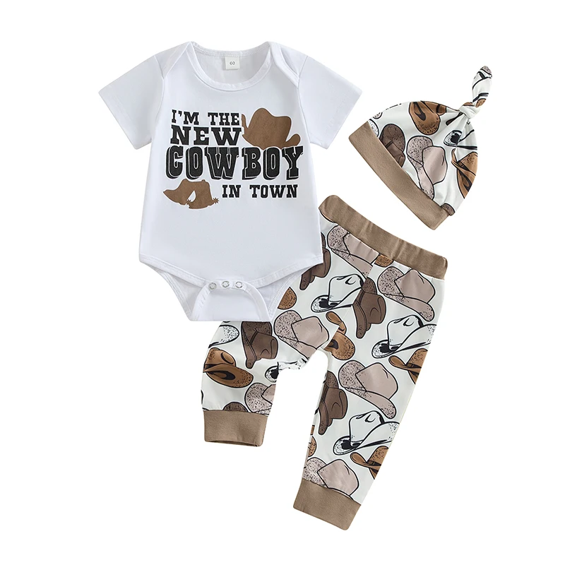 Newborn Baby Boy Coming Home Outfit Western Cowboy Clothes Boots Print Short Sleeve Romper Long Pants With Hat Set