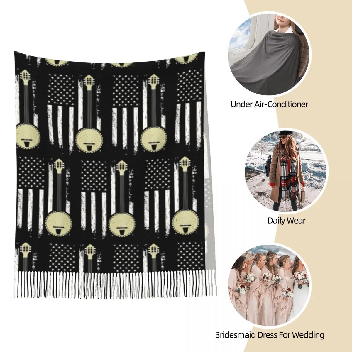 Bluegrass البانجو الأمريكية الولايات المتحدة العلم الموسيقار هدية وشاح شرابة الأوشحة النساء لينة الدافئة شالات ويلتف طويل الخريف الشتاء شال التفاف #6