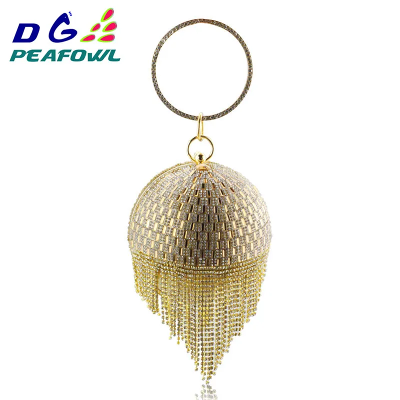 Wedding Bridal Shoulder Handbag Wristlets Clutch Purse Luxury Golden Diamond Tassel Women Party Metal Chain Crystal Evening Bags