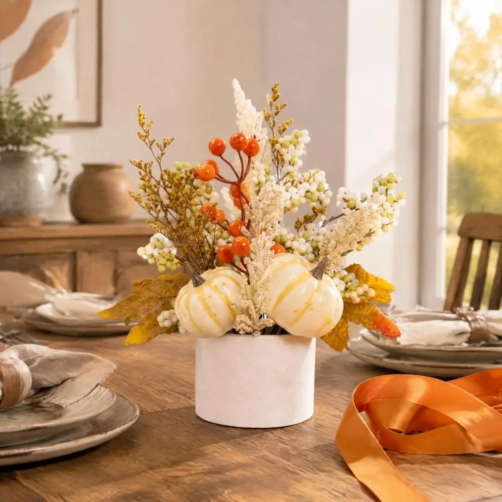 Small Potted Plant for Fireplace Fall Pumpkin Flower Arrangement Artificial Maple Berry Potted Plant Thanksgiving Harvest