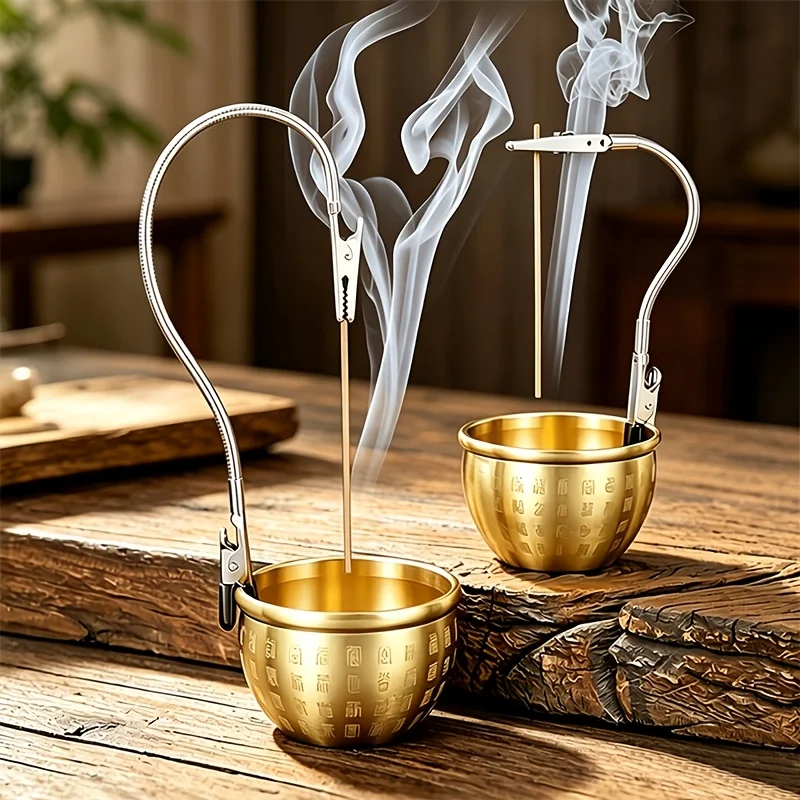 Chinese Style Brass Incense Burner Bowl with Adjustable Incense Clip Stick Incense Holder Ash Catcher Home Meditation Decor