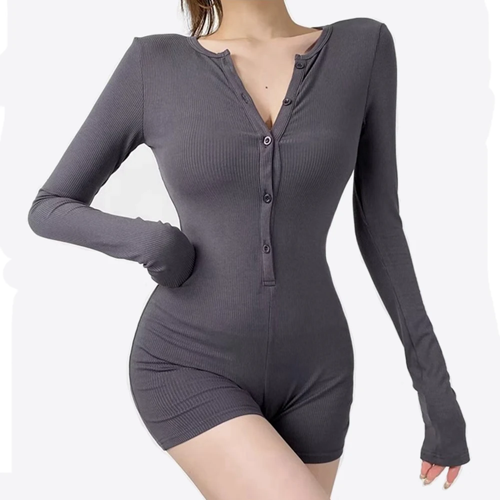 جمبسوت نسائي قصير بقصة ضيقة قابل للتمدد قطعة واحدة بدلة يوجا بأكمام طويلة رومبير مثير للياقة البدنية أزرار رياضية للسيدات ملابس رياضية