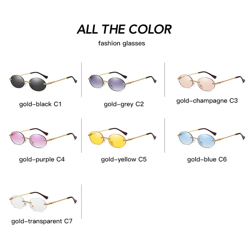 Retro Oval Sunglasses Rimless Man Blue Mirror Gold Metal Male Glasses Round Frameless Women UV400