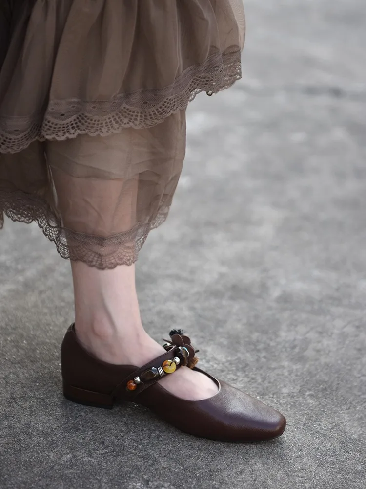 Artmu Fashion String Bead Women Pumps Shoes For Women 2.5 cm High Heels Genuine Leather Female Luxury Buckle Mary Jane Shoes