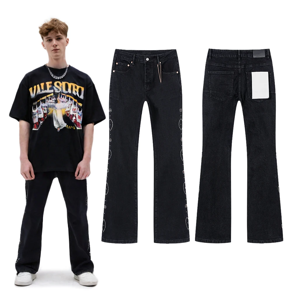 

New Y2k Streetwear Clothing Baggy Flared Jeans with Rhinestones Hiphop Street Style Casual Cotton Vintage Flared Pants for Men's
