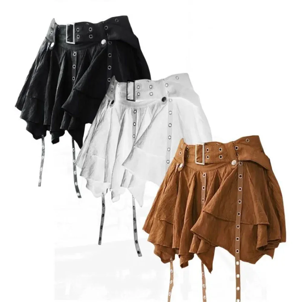 Vintage Women Crumpled Layer Mini Skirt With Belt Strap Elastic Back Asymmetrical Short Skirt Grunge E-Girl Y2k Acubi Outfit