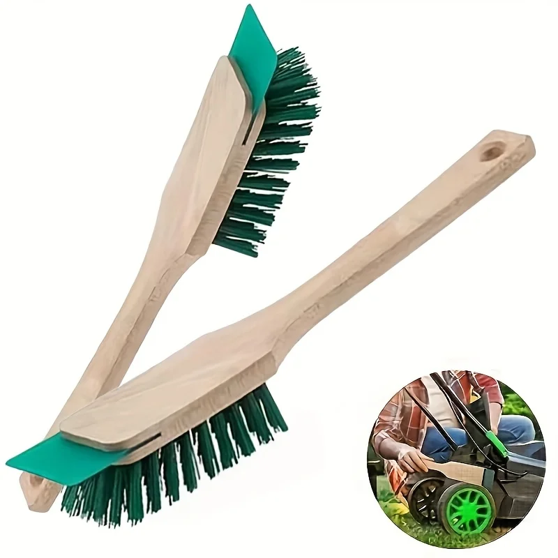 Brosse de nettoyage de tondeuse à gazon robuste avec grattoir, manche ergonomique en bois, poils rigides, grattoir de pont de tondeuse à gazon, efficace