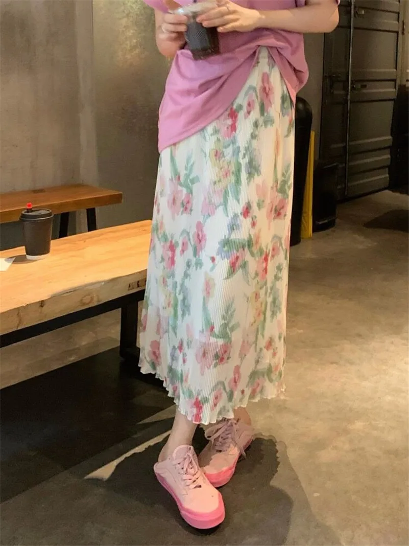 Spring Chiffon Medium Length Fashion Sweet French Print Slim Elastic Waist Skirts Thin Elegant Vintage Beach Style Vestidos