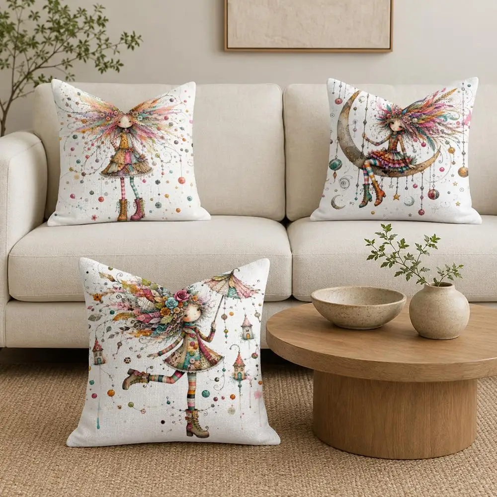 Simple Girl Drawing Cushion Cover Organic Linen Throw Pillow Cover - Double-Sided Print Breathable Cushion Case Home Decor